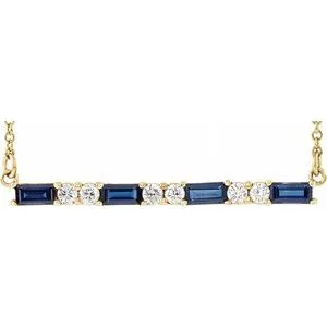 14K Yellow Chatham® Created Blue Sapphire & 1/5 CTW Diamond Bar 16-18" Necklace