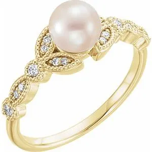 14K Yellow Freshwater Pearl & 1/10 CTW Diamond Leaf Ring