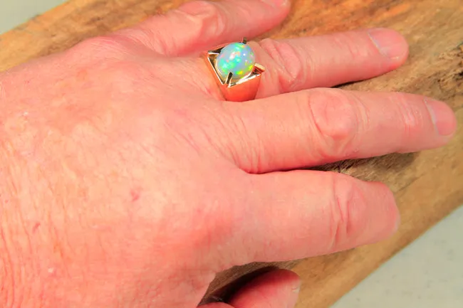 14K Yellow Gold Mens Oval Cabochon Opal Ring