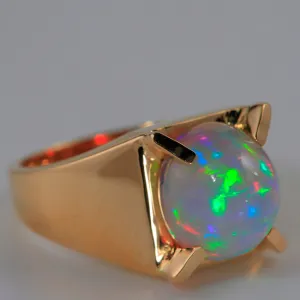 14K Yellow Gold Mens Oval Cabochon Opal Ring