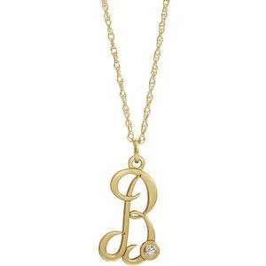 14K Yellow Gold-Plated .02 CT Diamond Script Initial B 16-18" Necklace