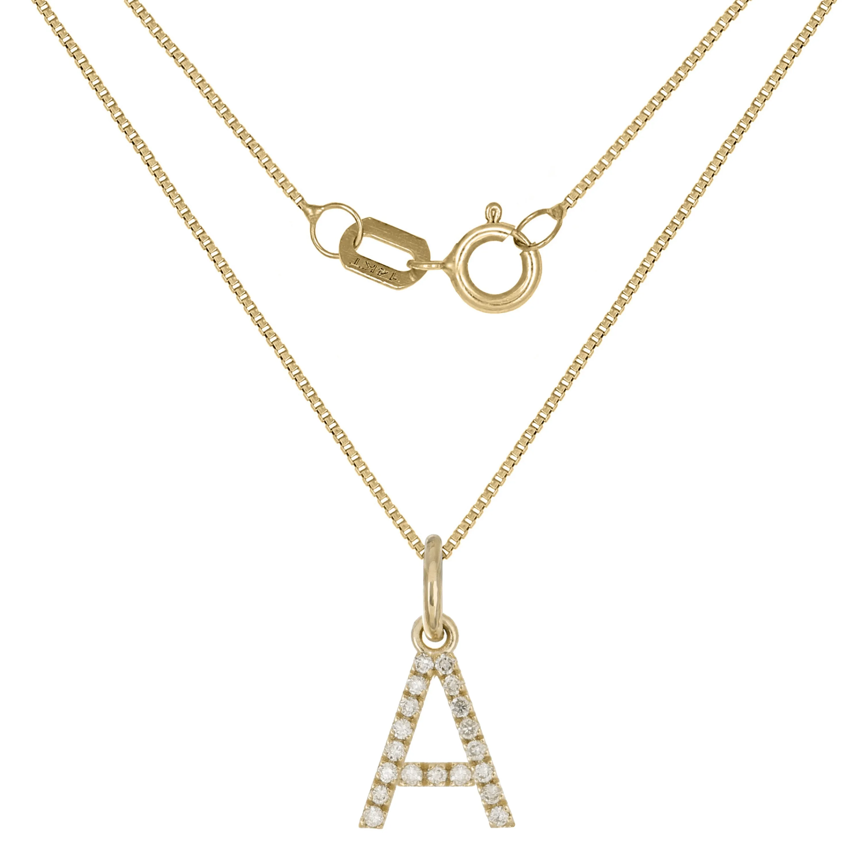 14k Yellow White or Rose Gold Diamond Initial Letter Charm Pendant Necklace 18"