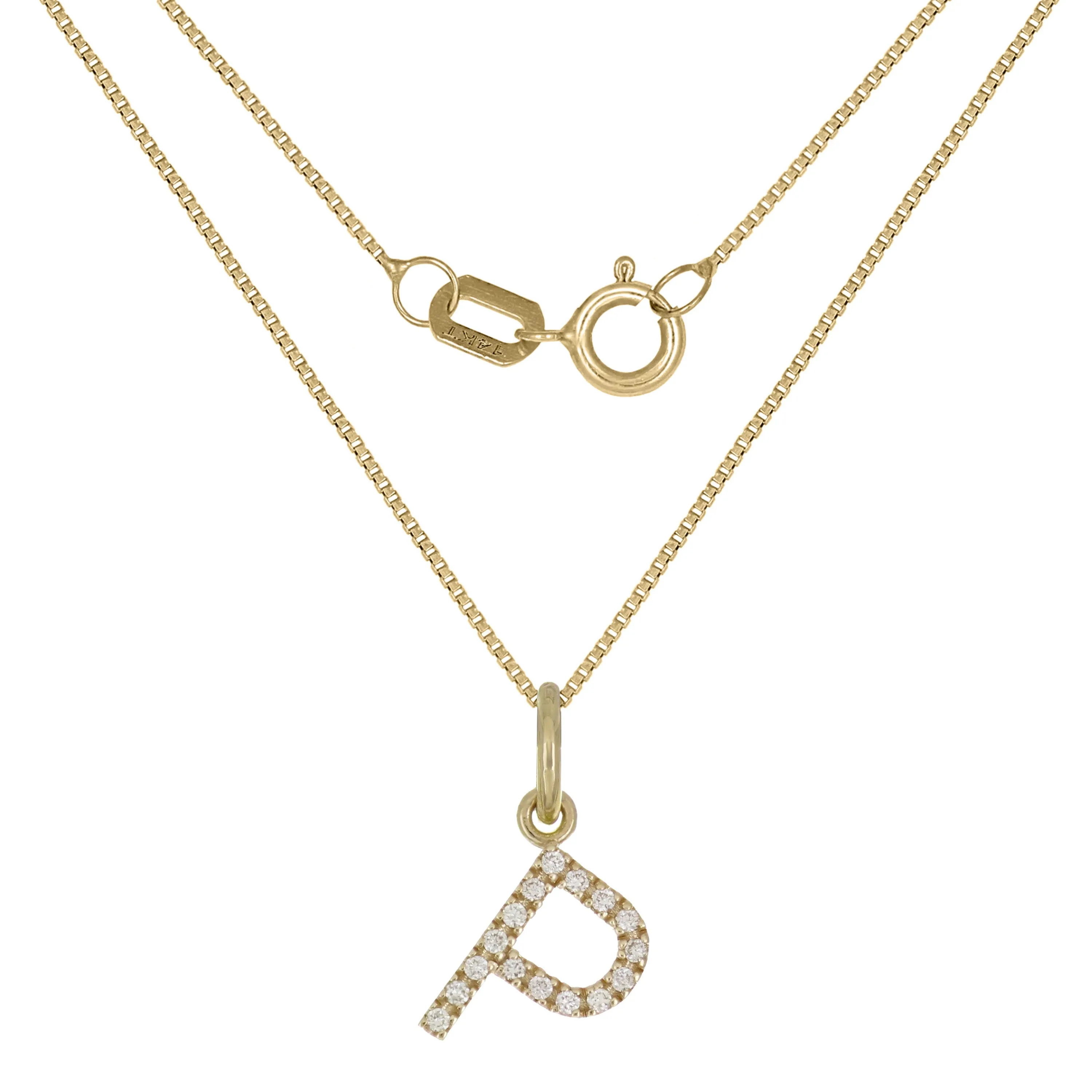 14k Yellow White or Rose Gold Diamond Initial Letter Charm Pendant Necklace 18"