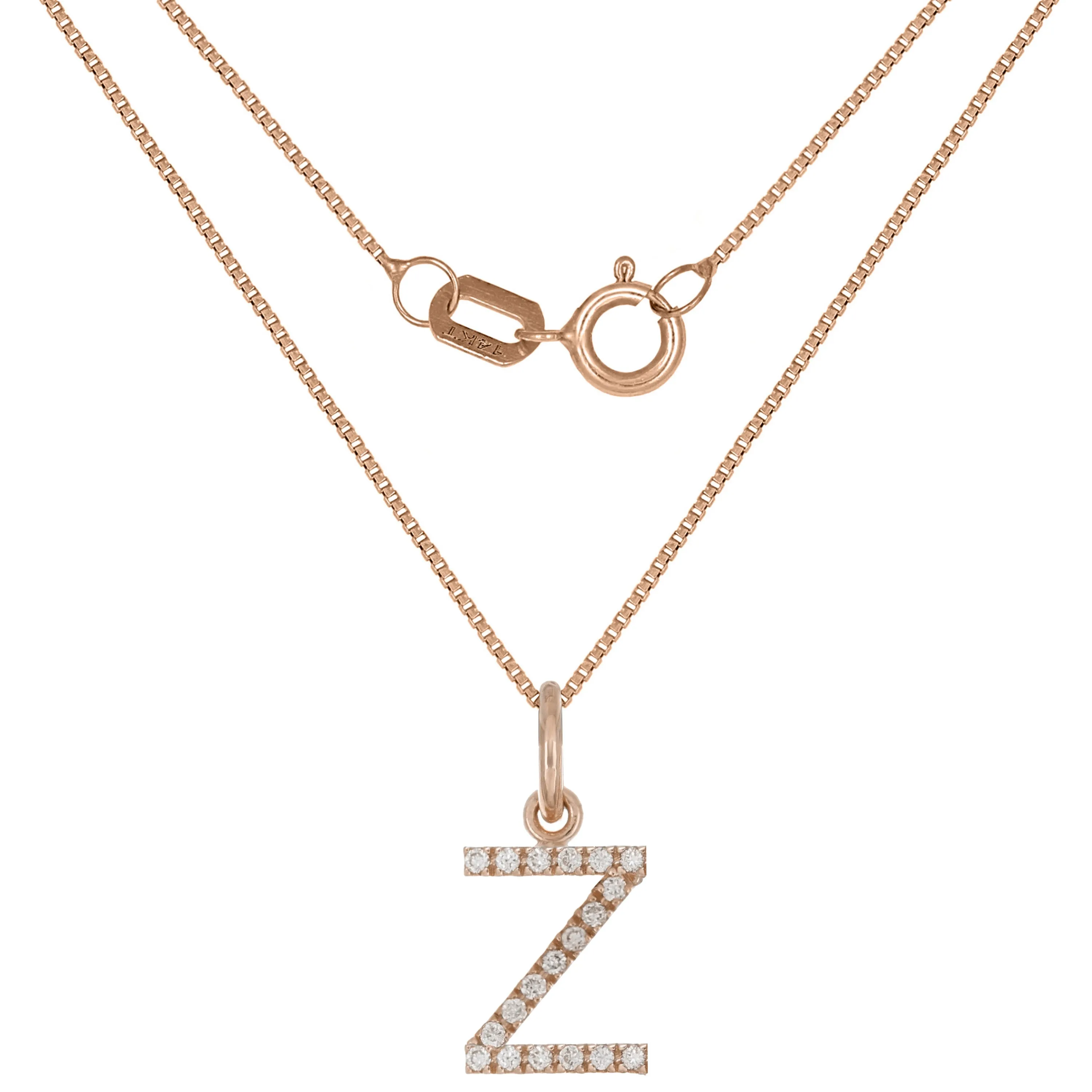 14k Yellow White or Rose Gold Diamond Initial Letter Charm Pendant Necklace 18"