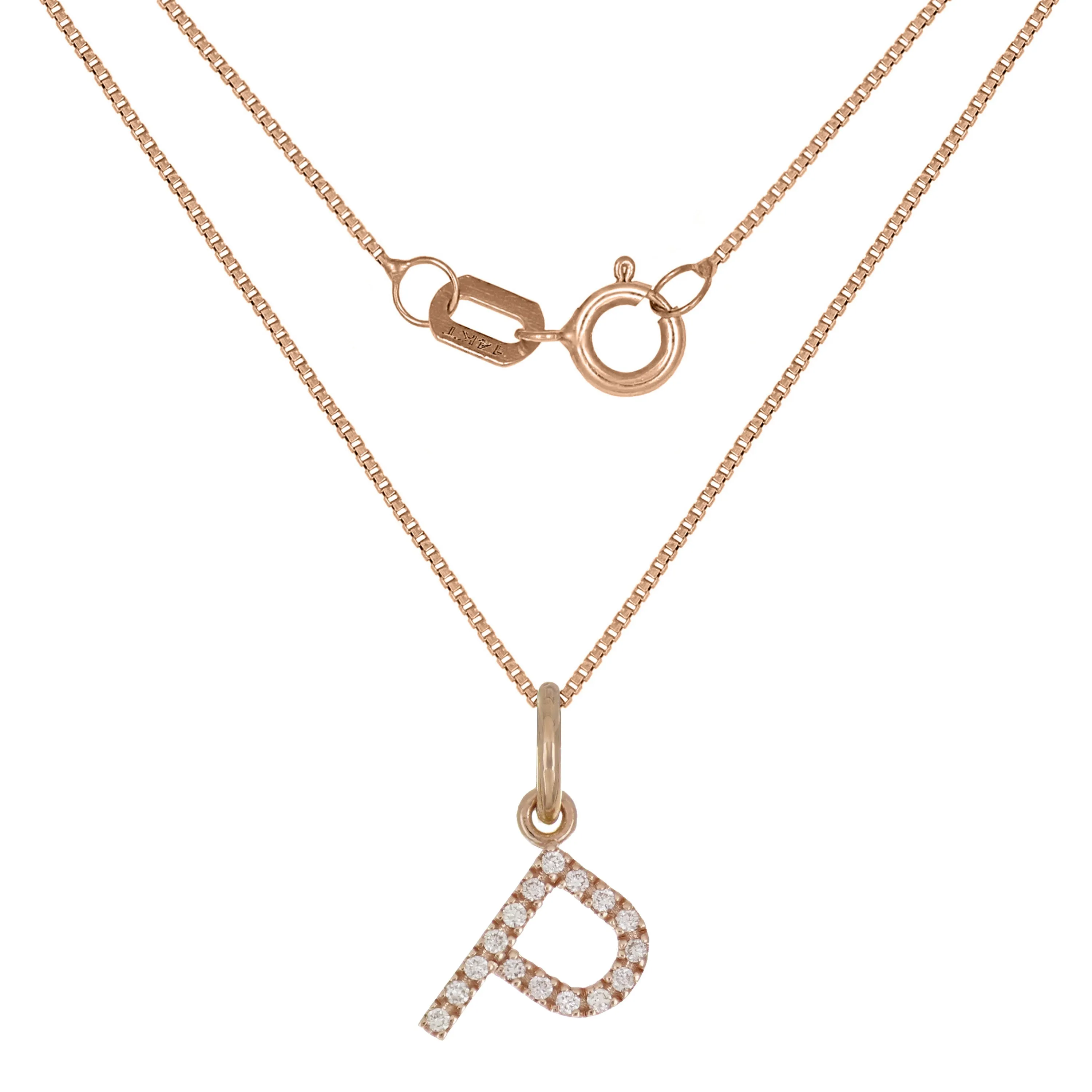 14k Yellow White or Rose Gold Diamond Initial Letter Charm Pendant Necklace 18"