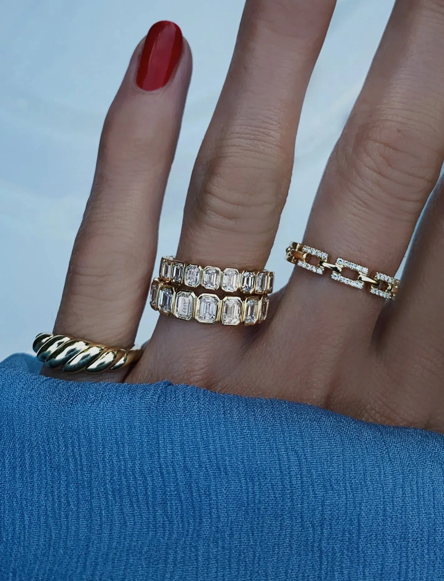 14kt gold petite emerald cut diamond bezel band