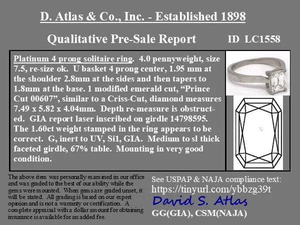 1.60ct Prince Cut Step Cut Diamond Solitaire