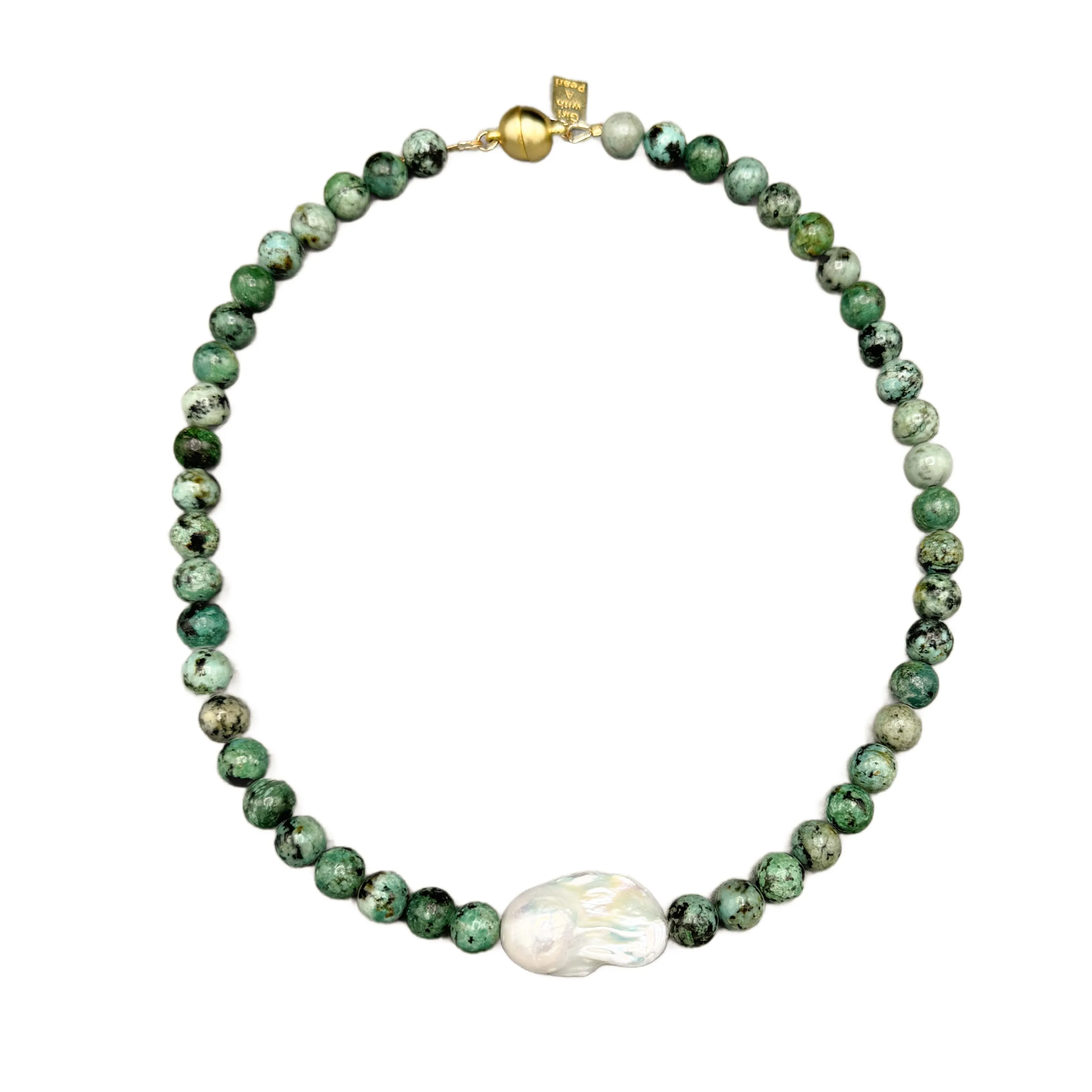 170-TURQ-G | 8MM AFRICAN TURQUOISE BEADS W/ WILD PEARL DROP