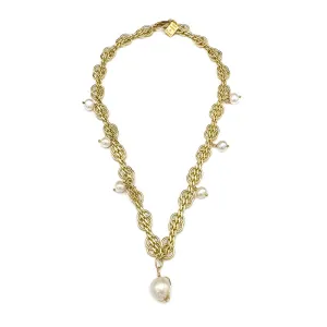 174-01-G | MATTE GOLD CURB CHAIN W/ ROUND LINKS & PEARL DROP