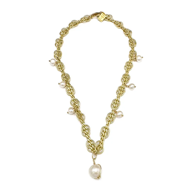 174-01-G | MATTE GOLD CURB CHAIN W/ ROUND LINKS & PEARL DROP