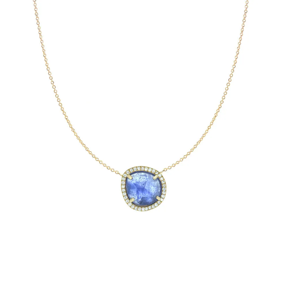 18 Karat Rosé Gold necklace with Tanzanite Slice and white diamond halo