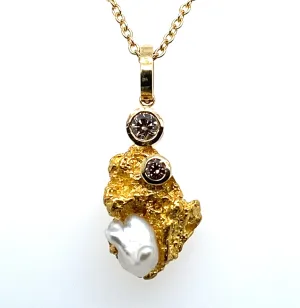 18ct Yellow Gold Australian Nugget Diamond & Pearl Pendant