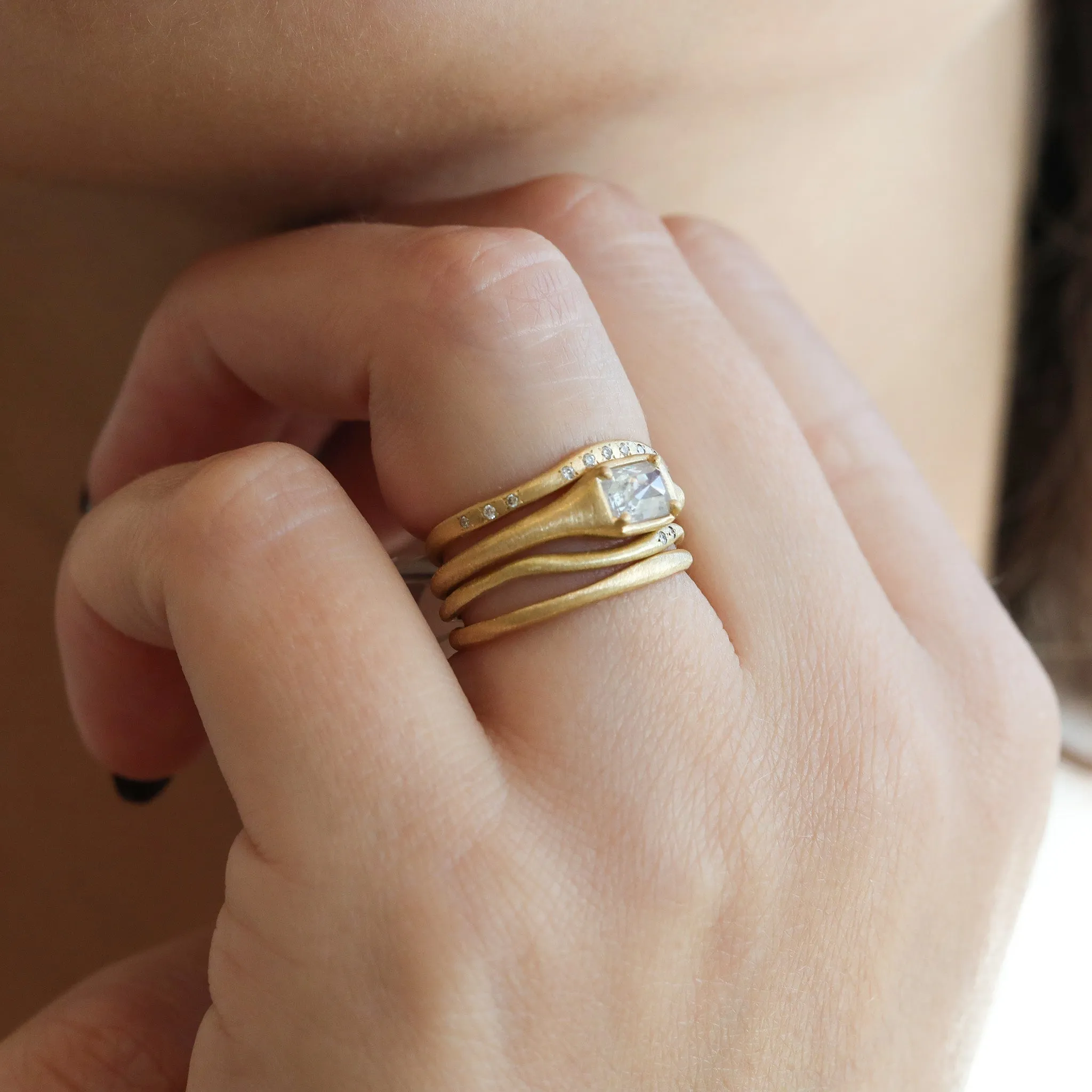 18K Gold Tapered "Zen" Ring with Icy Grey Diamond