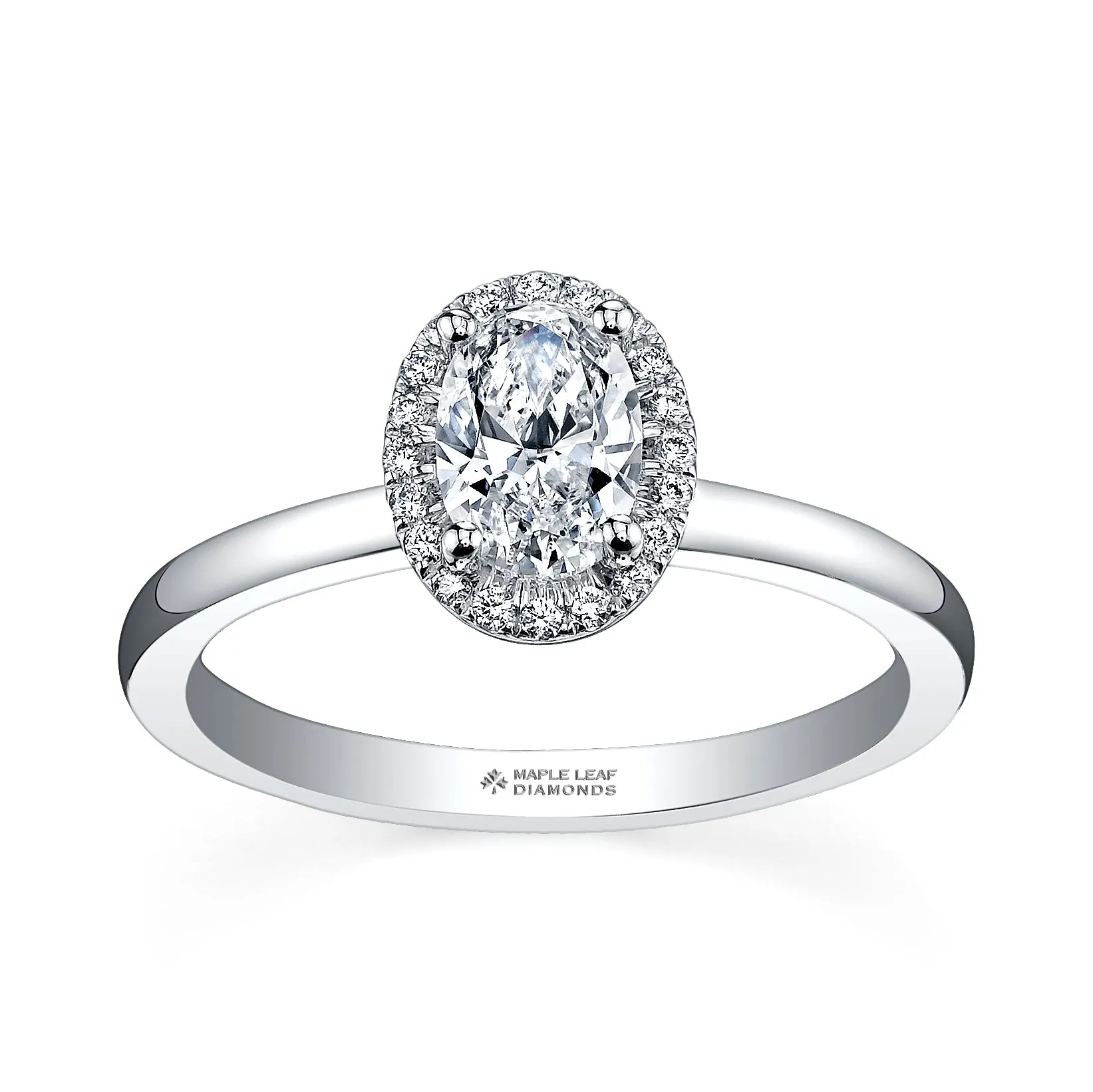 18K Palladium White Gold Maple Leaf (0.35ct) Canadian Diamond Oval Halo Engagement Ring