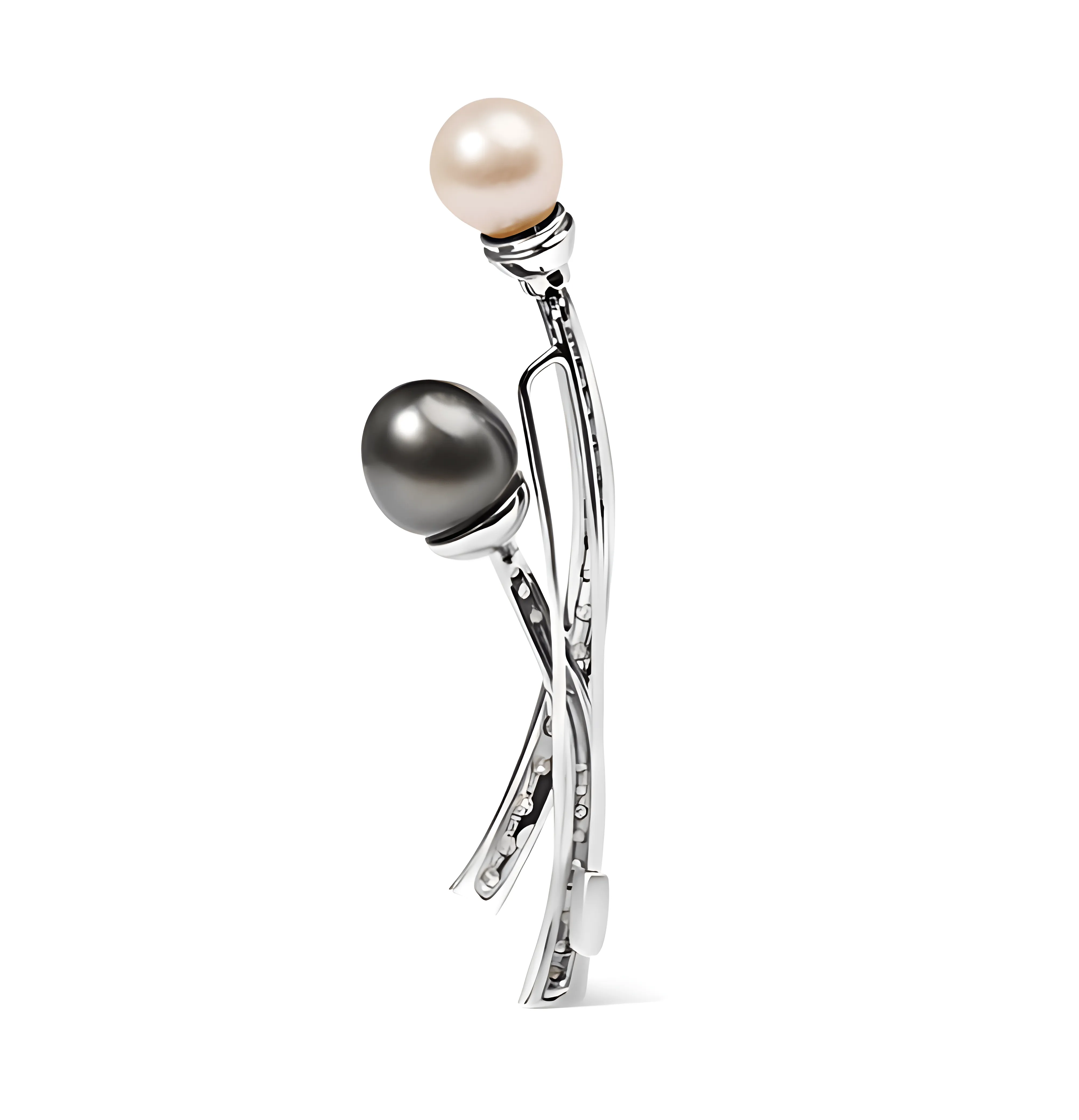 18K White Gold 3/5 Cttw Diamond and Cultured South Sea Black and White Pearl Brooch Pin (H-I Color, VS1-VS2 Clarity)