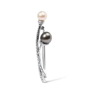 18K White Gold 3/5 Cttw Diamond and Cultured South Sea Black and White Pearl Brooch Pin (H-I Color, VS1-VS2 Clarity)