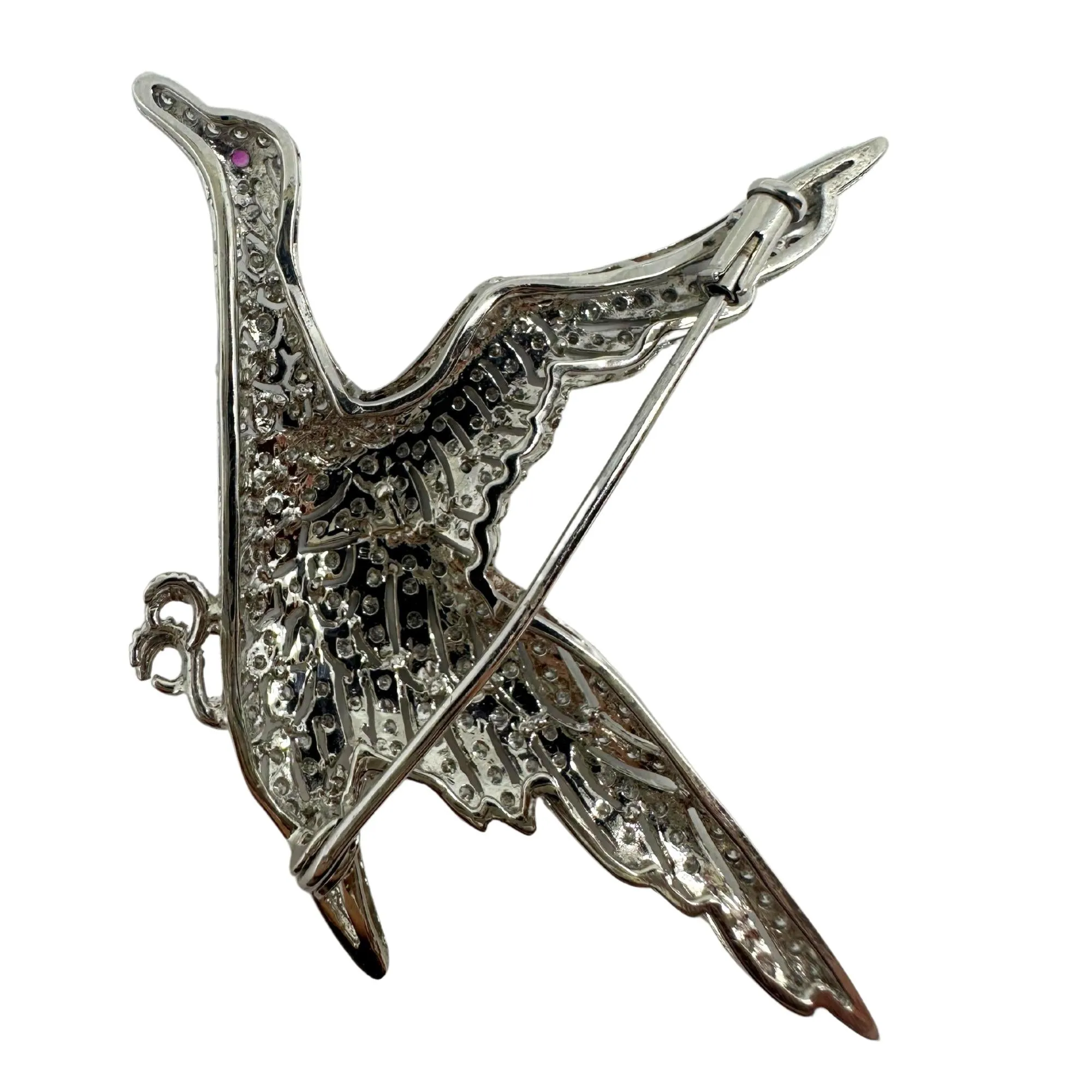 18K White Gold Diamond and Ruby Bird Brooch