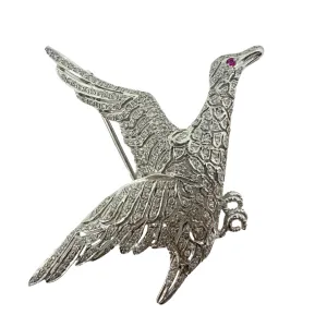18K White Gold Diamond and Ruby Bird Brooch