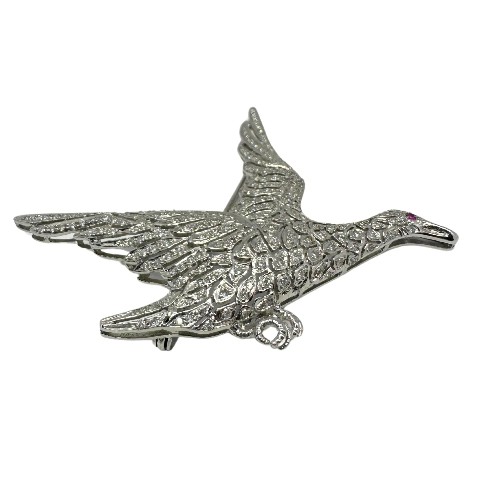 18K White Gold Diamond and Ruby Bird Brooch