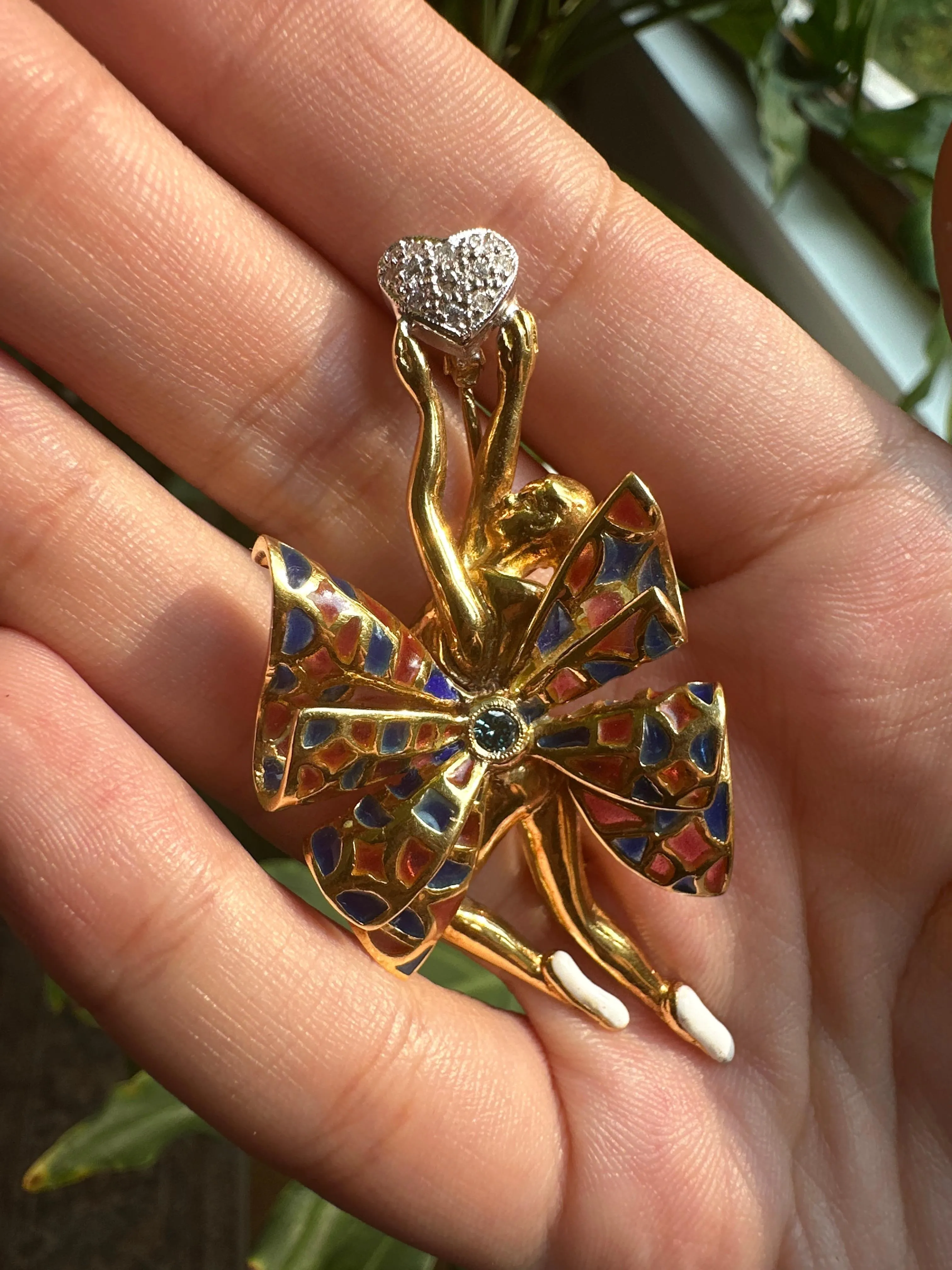 18K Yellow Gold Diamond and Enamel Ballerina Brooch