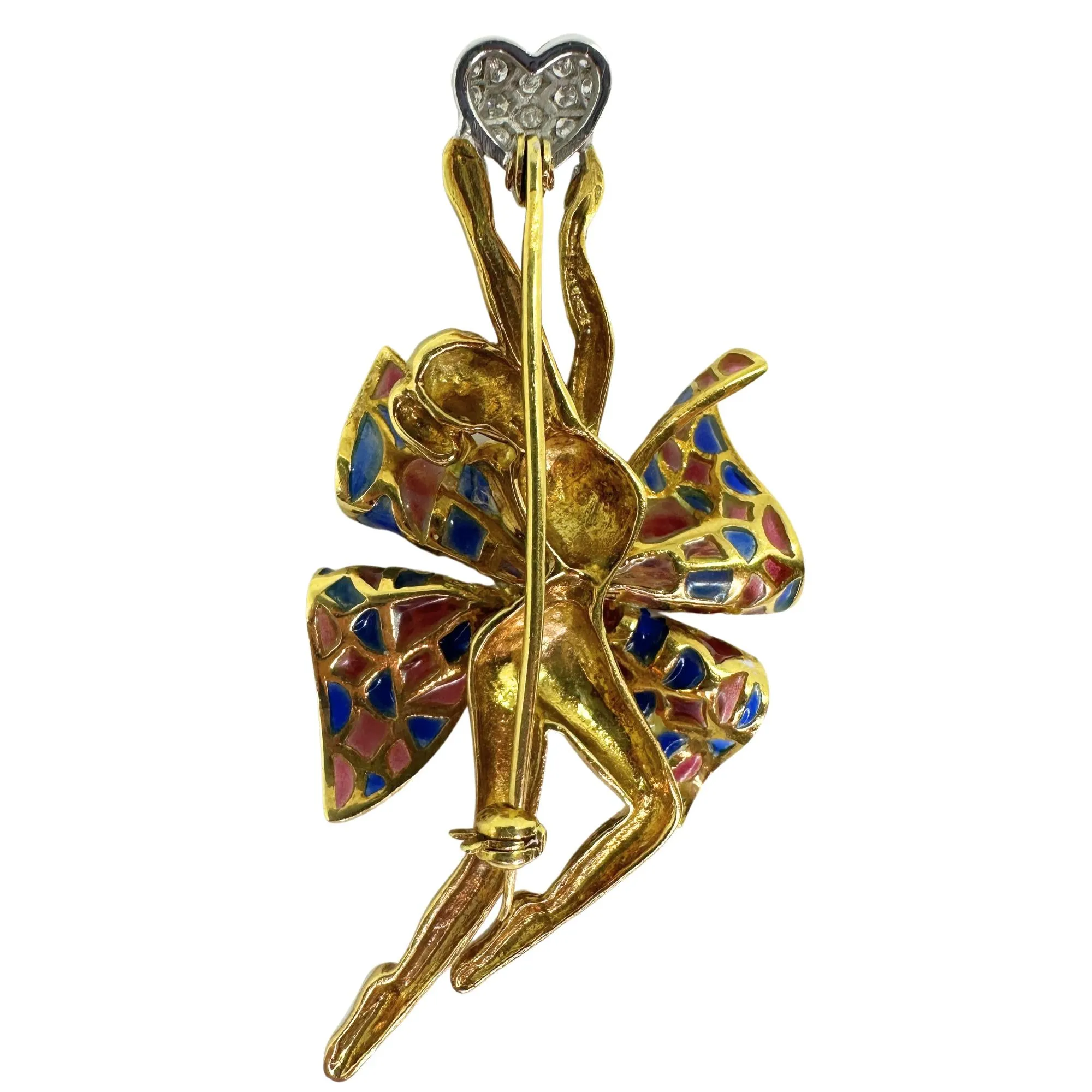 18K Yellow Gold Diamond and Enamel Ballerina Brooch