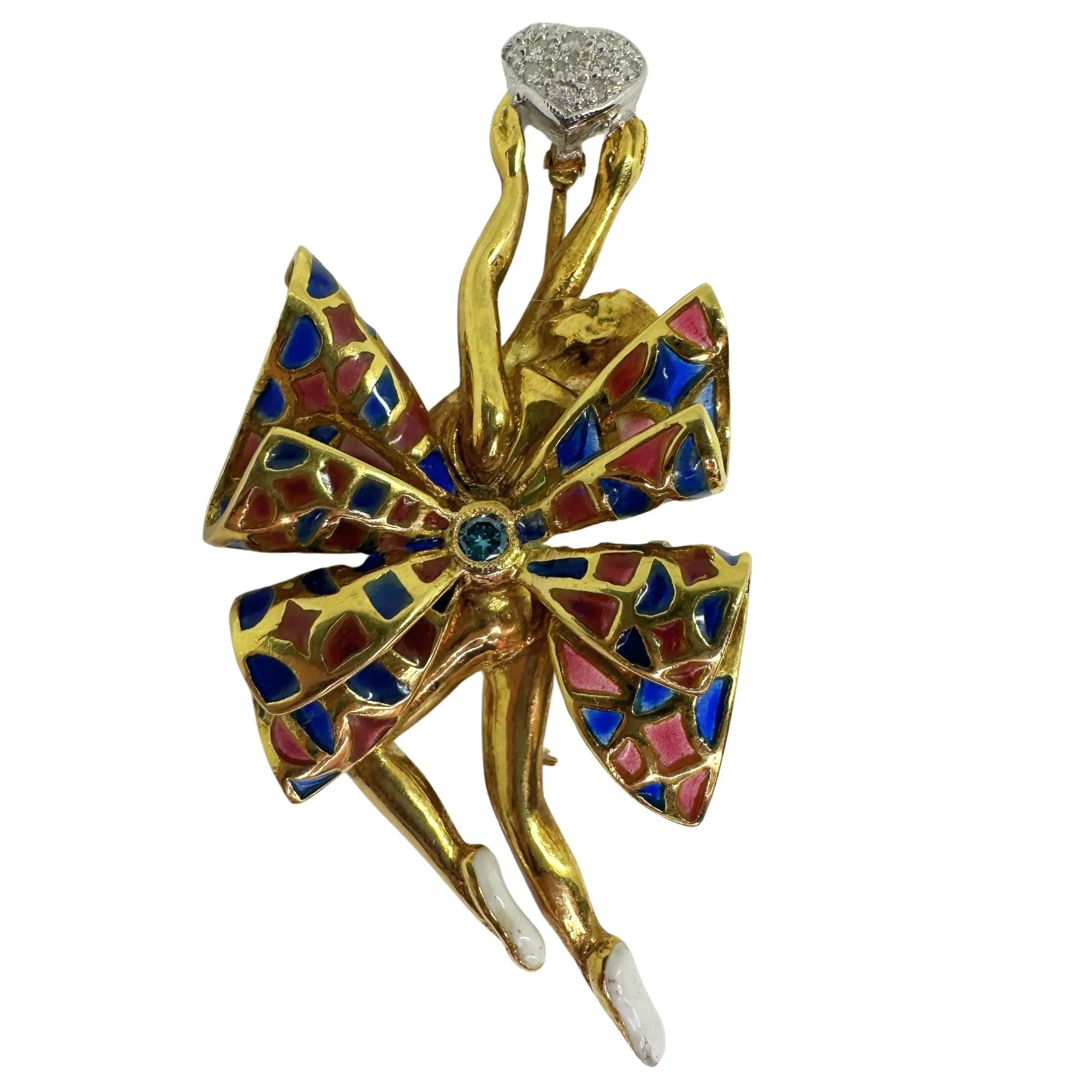 18K Yellow Gold Diamond and Enamel Ballerina Brooch