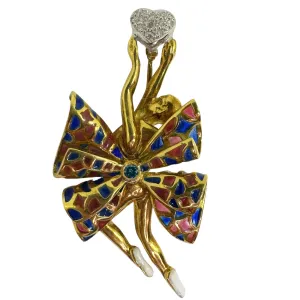 18K Yellow Gold Diamond and Enamel Ballerina Brooch