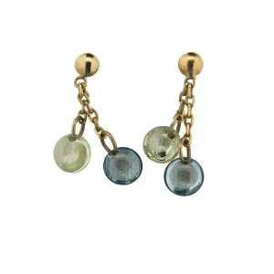 18K Yellow Gold Green and Blue Crystal Dangle Earrings