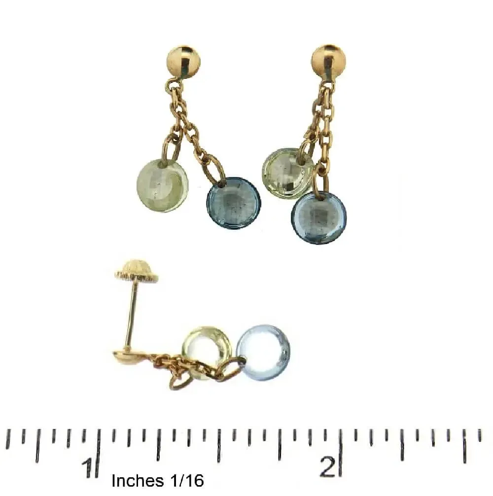 18K Yellow Gold Green and Blue Crystal Dangle Earrings
