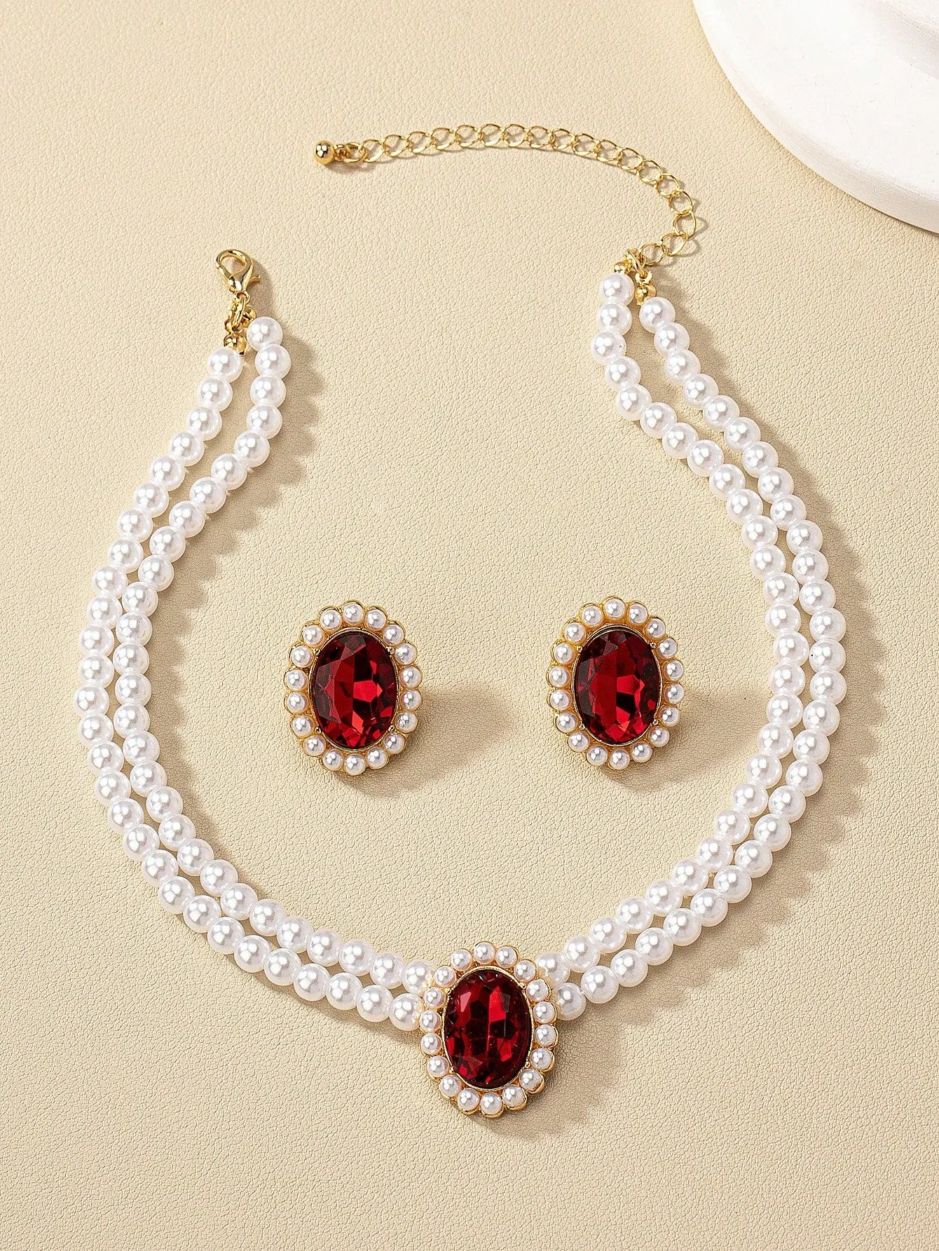 1pair Earrings And 1pc Pearl Necklace Set - Red