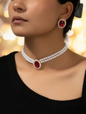 1pair Earrings And 1pc Pearl Necklace Set - Red