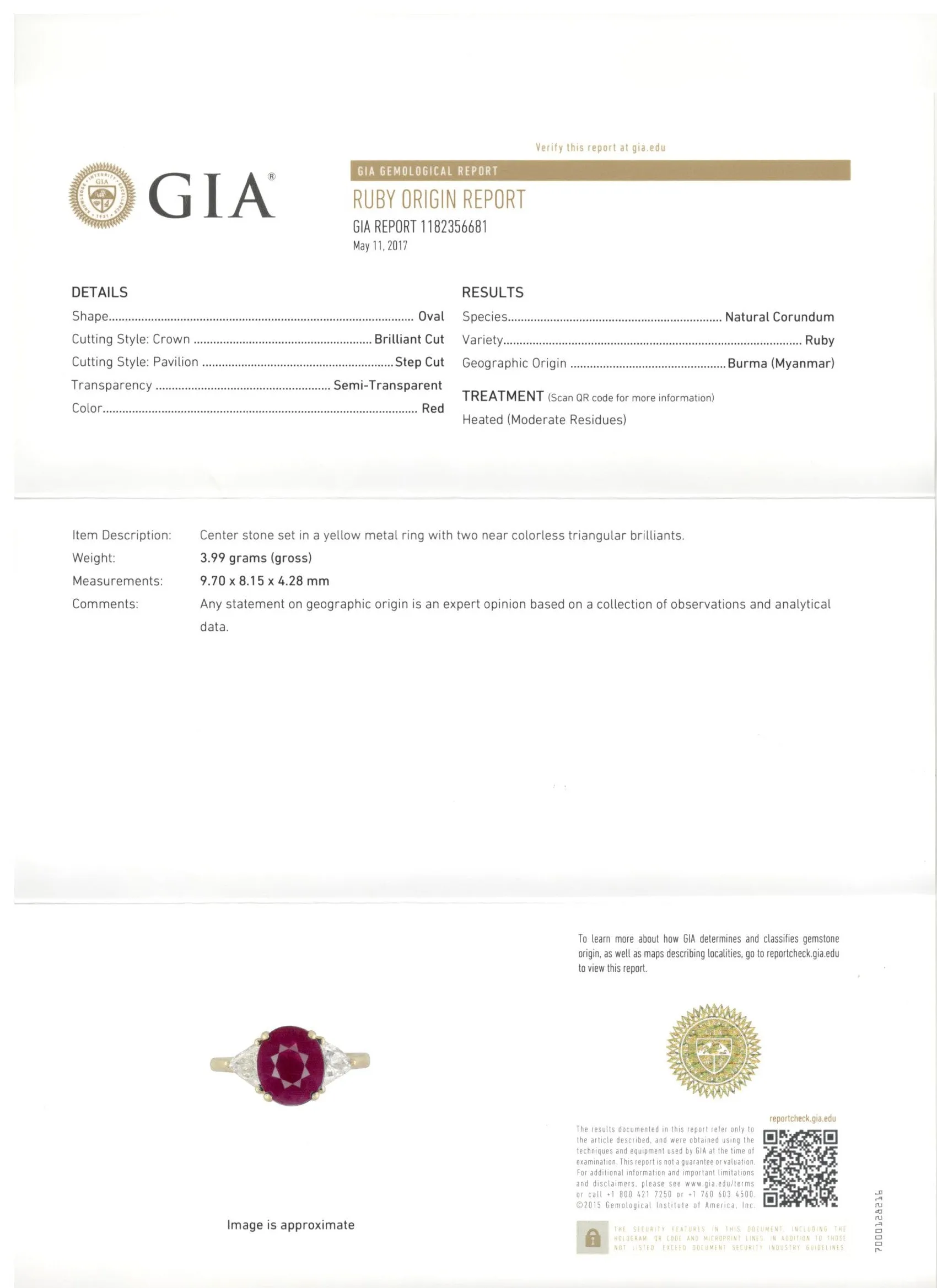 2.75 Carat Burma Ruby & Trillion Cut Diamond 18K Gold Engagement Ring GIA Cert