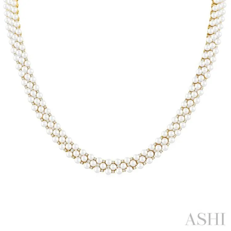 3 MM Round Shape Cultured Pearl and 2 1/5 ctw Triple Row Round Cut Diamond Fashion Necklace in 14K Yellow Gold