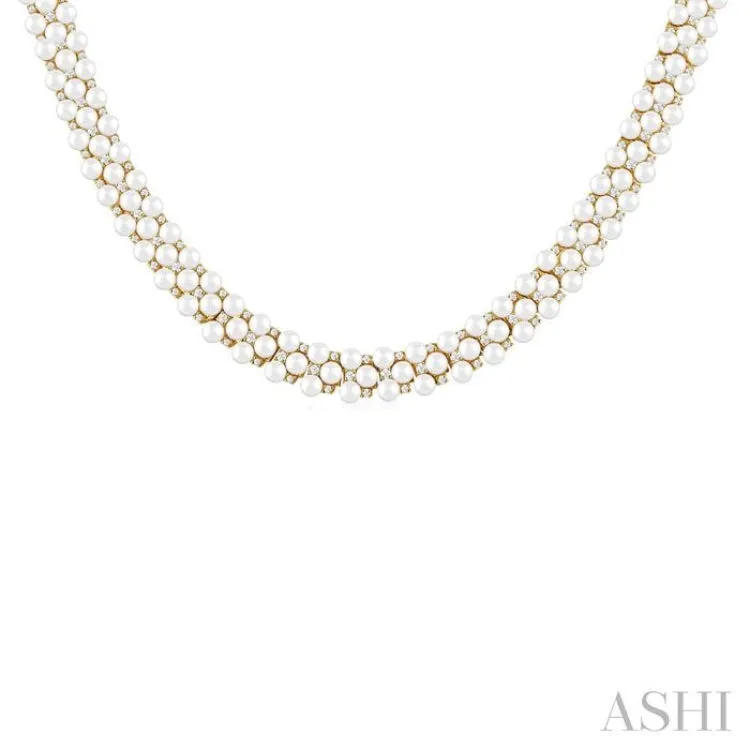 3 MM Round Shape Cultured Pearl and 2 1/5 ctw Triple Row Round Cut Diamond Fashion Necklace in 14K Yellow Gold
