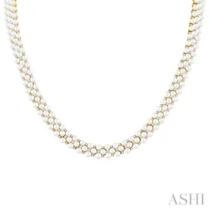 3 MM Round Shape Cultured Pearl and 2 1/5 ctw Triple Row Round Cut Diamond Fashion Necklace in 14K Yellow Gold