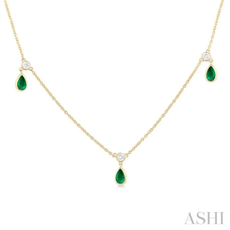 5x3 MM Pear Shape Emerald and 1/4 ctw Round Cut Diamonds Precious Station Necklace in 14K Yellow Gold