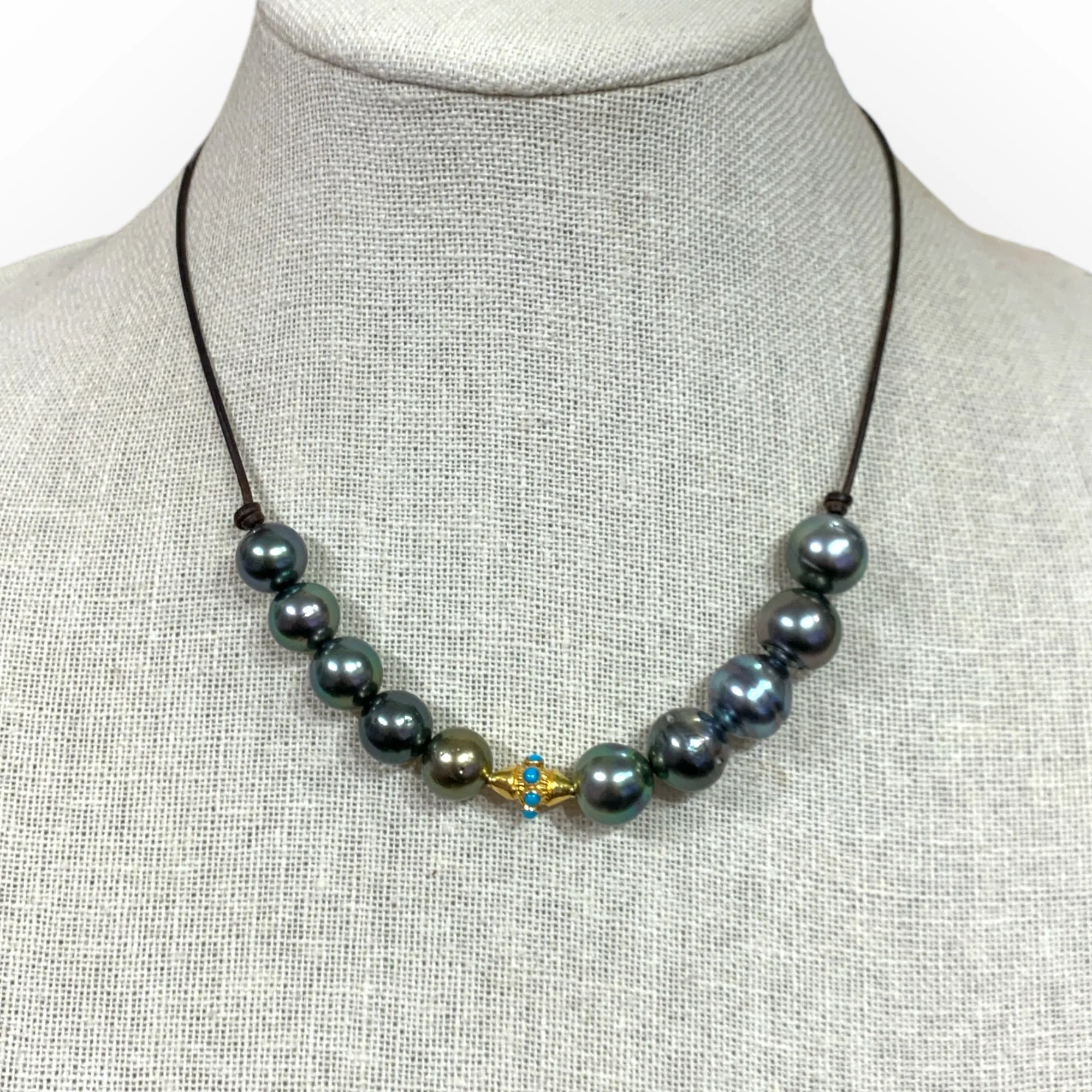 Adjustable Tahitian Pearl Necklace w/ 18K Gold & Turquoise