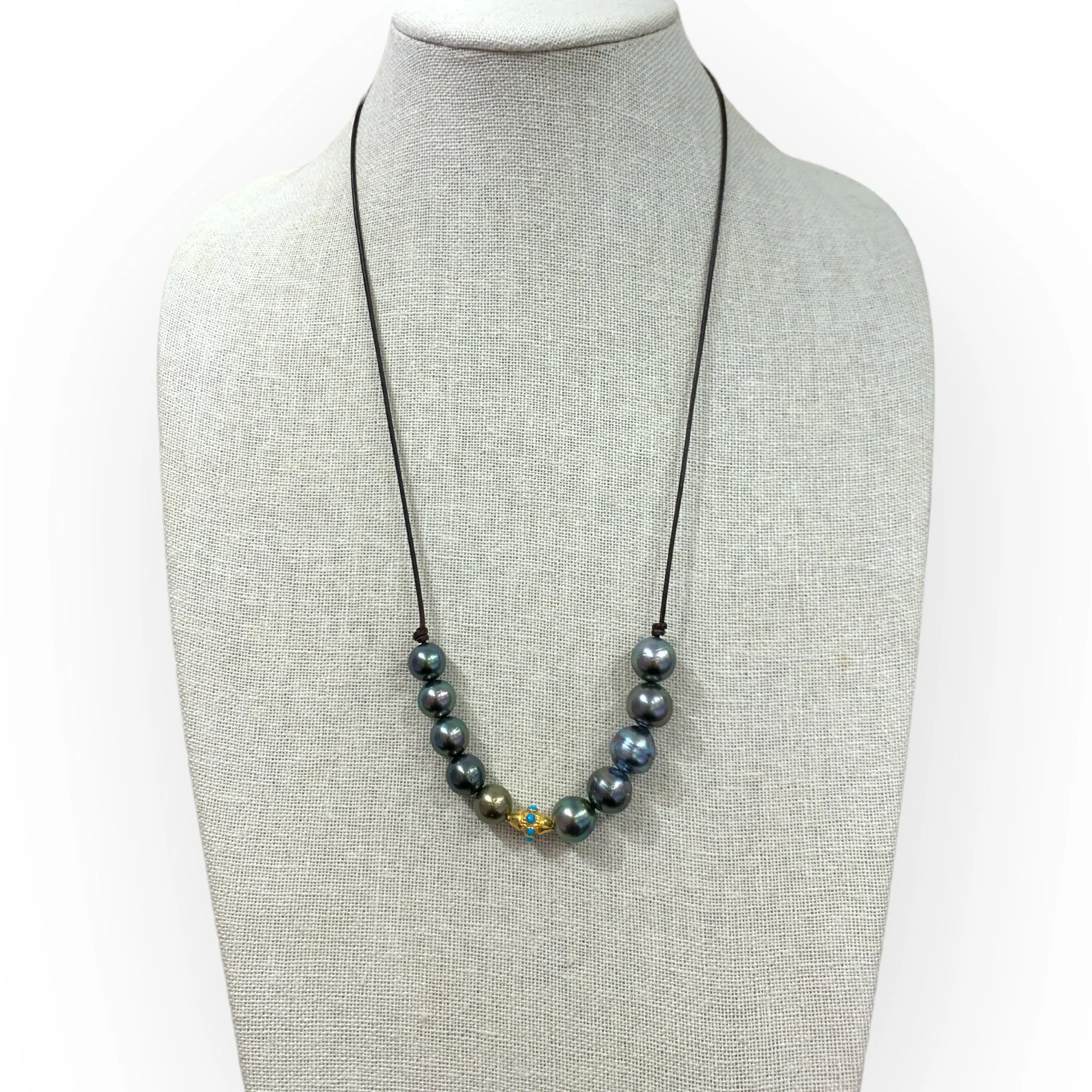 Adjustable Tahitian Pearl Necklace w/ 18K Gold & Turquoise