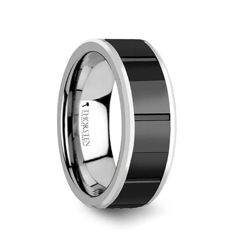 AKOS Men's Tungsten Carbide Ring With Horizontal Grooved Black Ceramic Center  8 mm