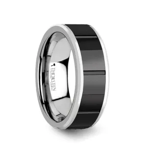 AKOS Men's Tungsten Carbide Ring With Horizontal Grooved Black Ceramic Center  8 mm