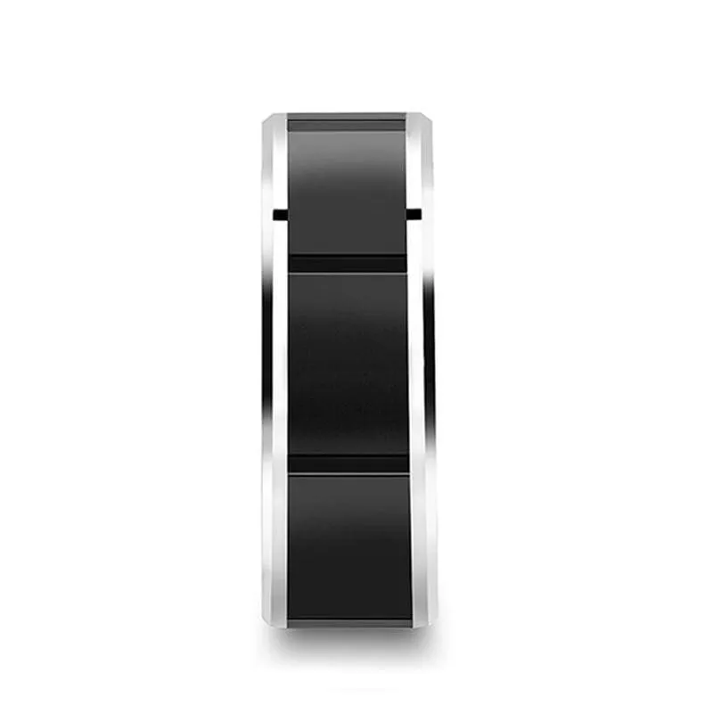 AKOS Men's Tungsten Carbide Ring With Horizontal Grooved Black Ceramic Center  8 mm