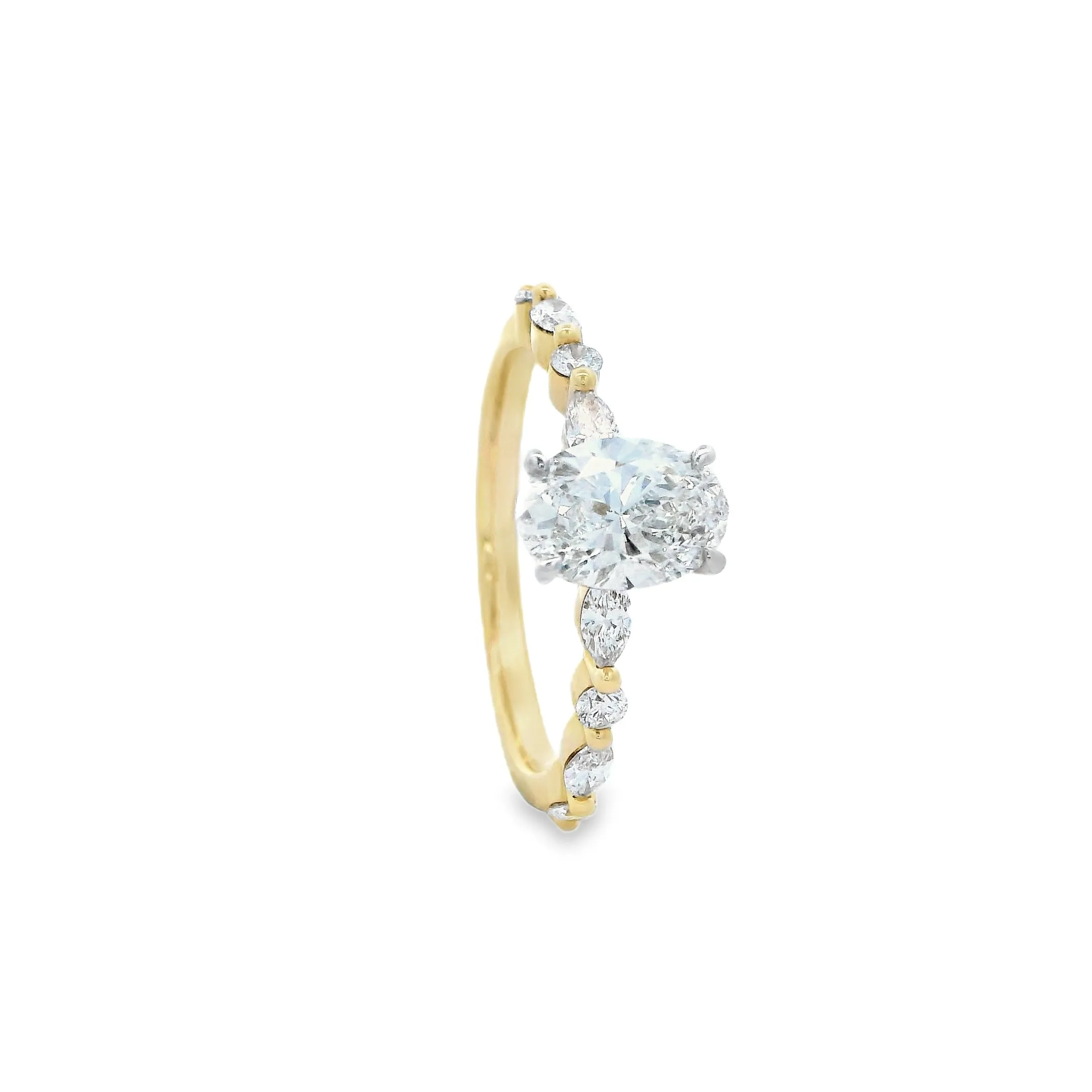 Annalise - 18ct Yellow and White Gold Oval Lab Grown Diamond Ring with Marquise and Round Lab Grown Diamond Shoulders.
