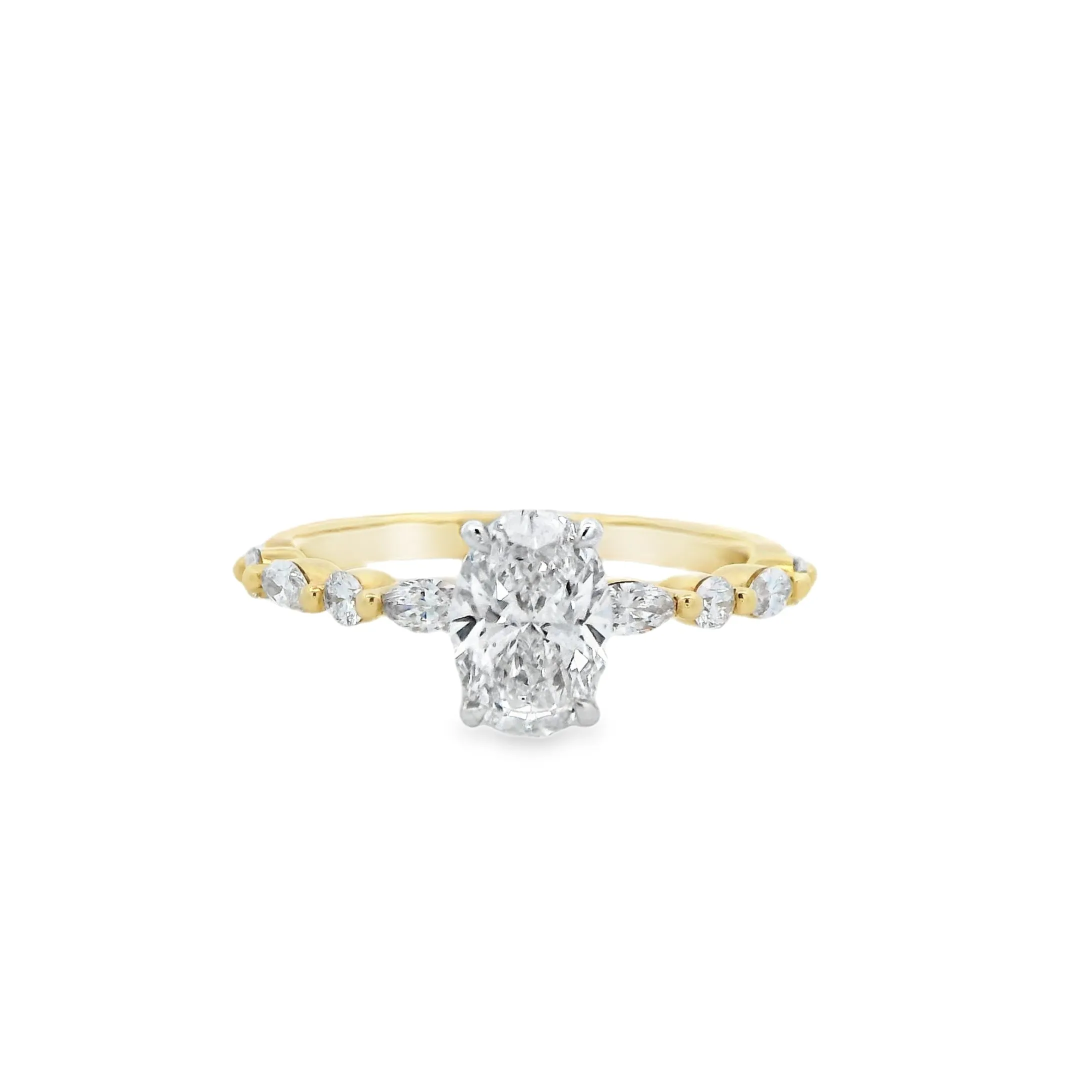 Annalise - 18ct Yellow and White Gold Oval Lab Grown Diamond Ring with Marquise and Round Lab Grown Diamond Shoulders.