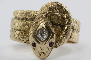 Antique 10K Ruby & Old European Diamond Figural Coiled Snake Ring