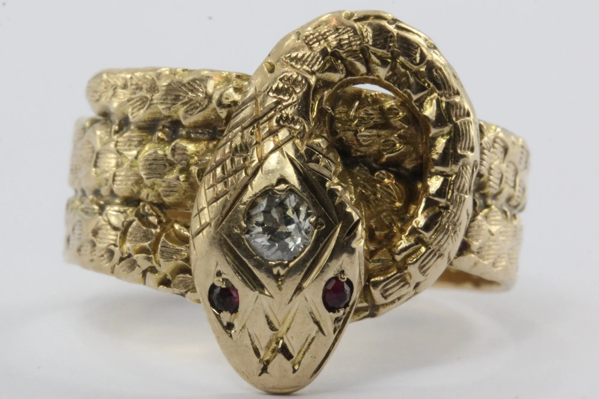 Antique 10K Ruby & Old European Diamond Figural Coiled Snake Ring