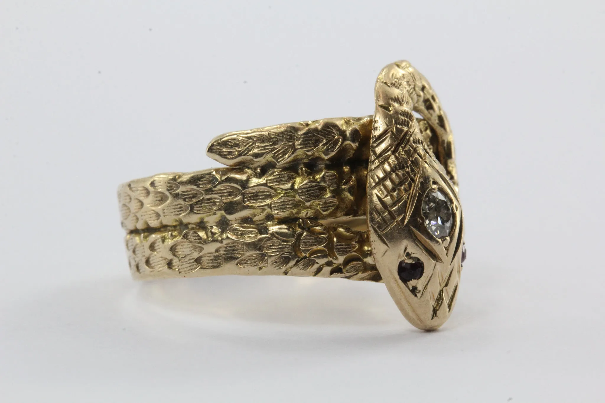 Antique 10K Ruby & Old European Diamond Figural Coiled Snake Ring