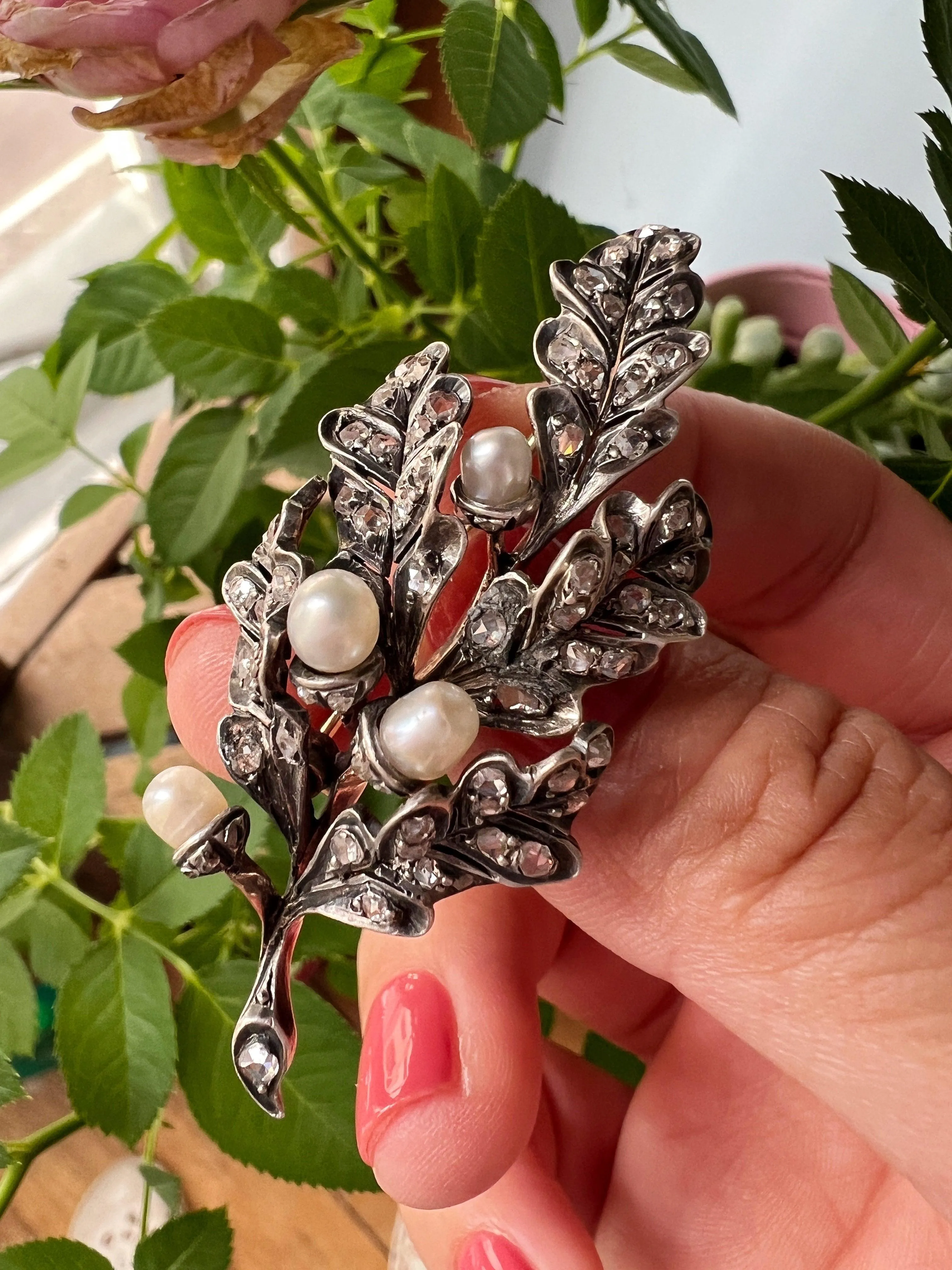 Antique 18k gold natural pearl diamond acorn oak leaves brooch