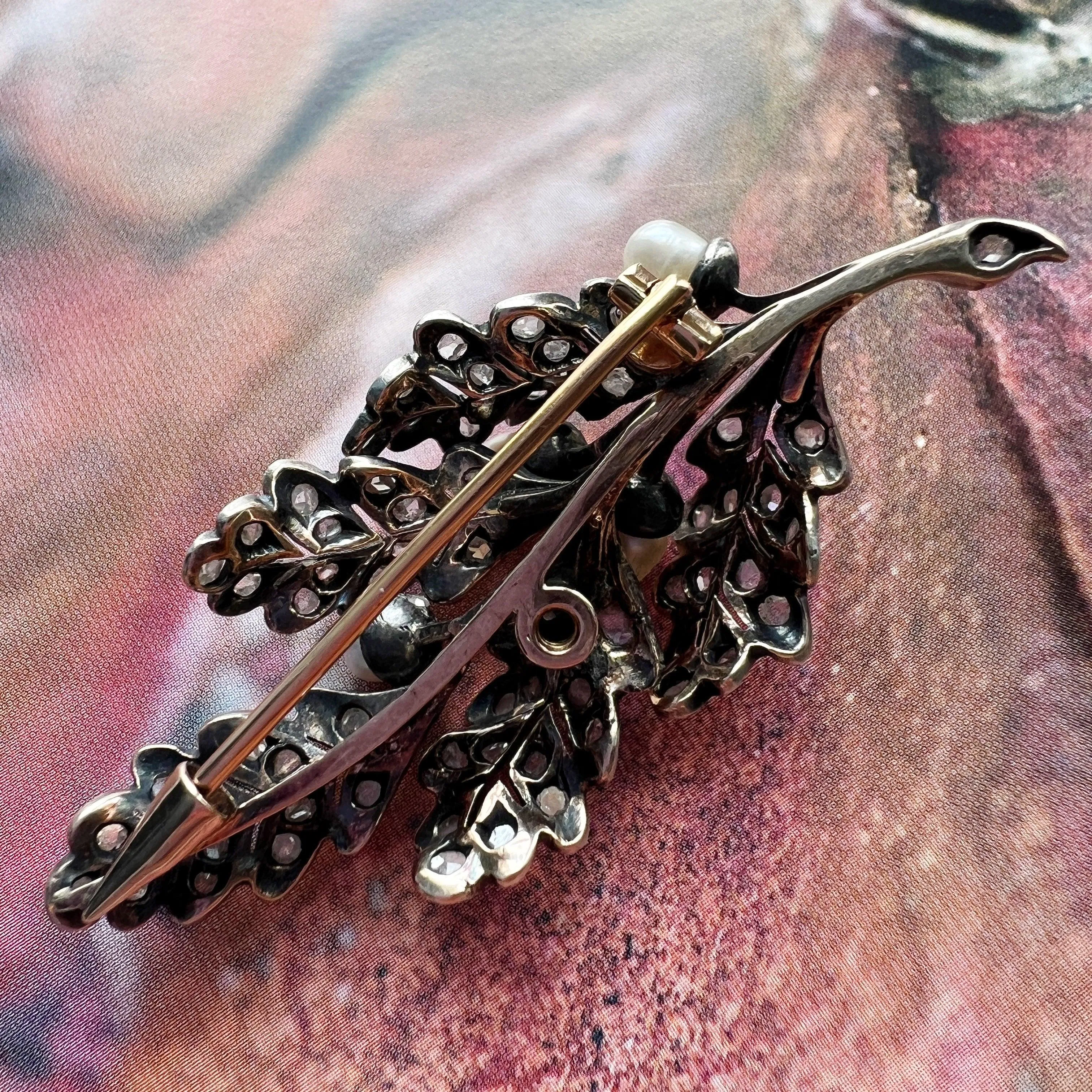 Antique 18k gold natural pearl diamond acorn oak leaves brooch