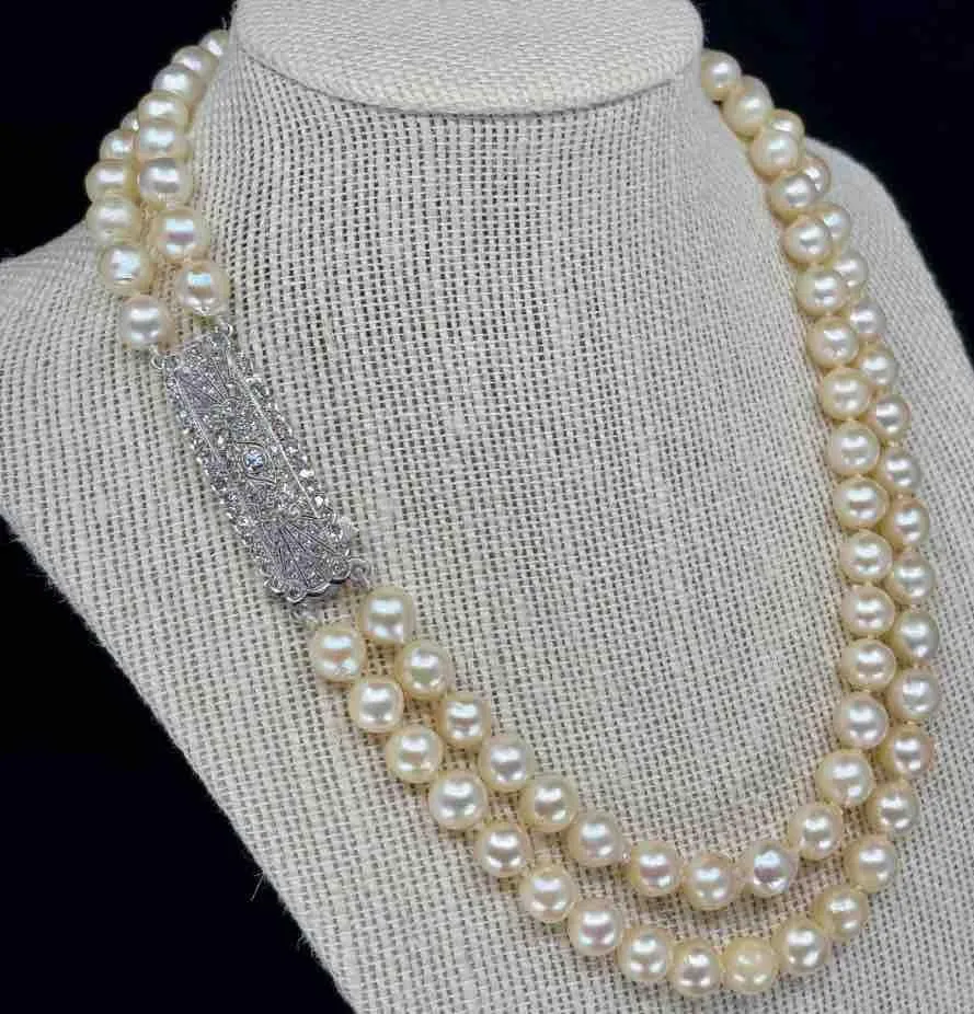 Antique 1920s Art Deco Akoya Pearl Necklace with Diamond Clasp