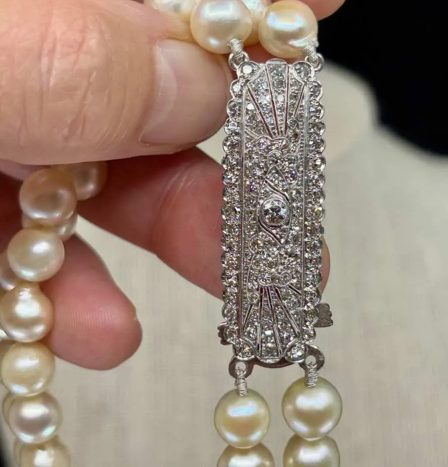 Antique 1920s Art Deco Akoya Pearl Necklace with Diamond Clasp